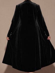 SHEIN BAE CURVE Plus Size Women's Black Velvet Long Blazer - Black - View 2