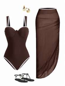 Swim Oasis Pakaian Renang Pantai Wanita Musim Semi/Panas, Baju Renang Terusan Warna Polos + Rok, Pakaian untuk Pergi Keluar - Coklat - View 1