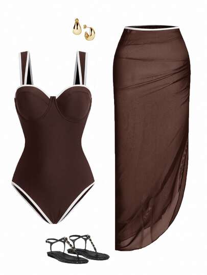 Swim Oasis Traje de baño de una pieza de color sólido + falda para mujer, conjunto de salida para primavera/verano