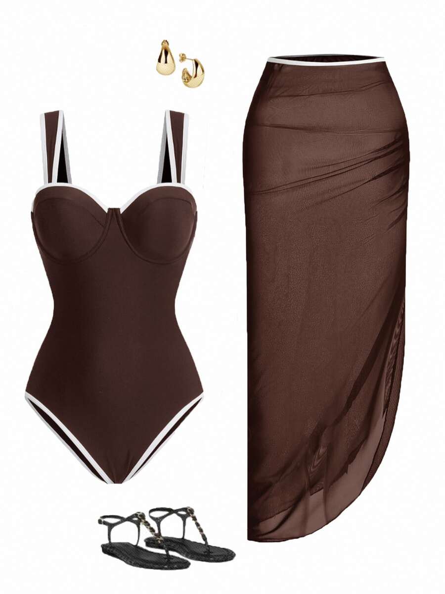 Swim Oasis Pakaian Renang Pantai Wanita Musim Semi/Panas, Baju Renang Terusan Warna Polos + Rok, Pakaian untuk Pergi Keluar - Coklat - View 1
