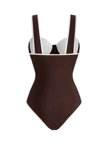 Swim Oasis Pakaian Renang Pantai Wanita Musim Semi/Panas, Baju Renang Terusan Warna Polos + Rok, Pakaian untuk Pergi Keluar - Coklat - View 4