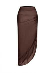 Swim Oasis Pakaian Renang Pantai Wanita Musim Semi/Panas, Baju Renang Terusan Warna Polos + Rok, Pakaian untuk Pergi Keluar - Coklat - View 6