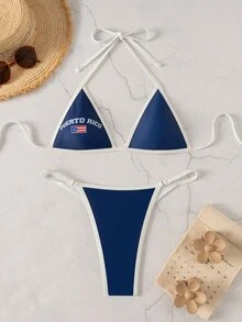 Costavie Women's Summer Beach Letter Print Halter Tie Sexy Bikini And Triangle Bottom Two-Piece Swimwear Set - Blue - View 3