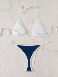 Costavie Women's Summer Beach Letter Print Halter Tie Sexy Bikini And Triangle Bottom Two-Piece Swimwear Set - Blue - View 2