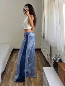StreetHx Two Tone Low Waist Wide Leg Jeans - Blue - View 2