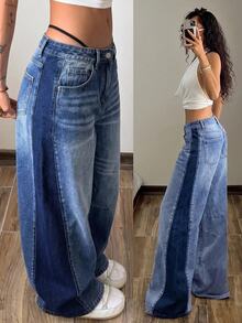 StreetHx Two Tone Low Waist Wide Leg Jeans - Blue - View 8