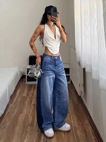 StreetHx Two Tone Low Waist Wide Leg Jeans - Blue - View 7
