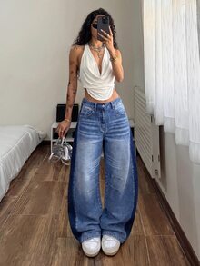 StreetHx Two Tone Low Waist Wide Leg Jeans - Blue - View 5