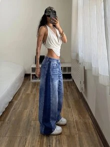 StreetHx Two Tone Low Waist Wide Leg Jeans - Blue - View 4