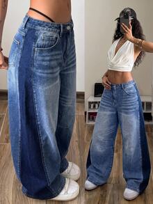 StreetHx Two Tone Low Waist Wide Leg Jeans - Blue - View 1
