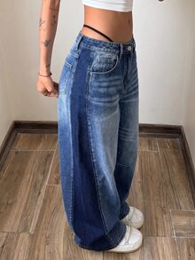 StreetHx Two Tone Low Waist Wide Leg Jeans - Blue - View 6