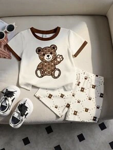 隨機 3 套買 1 套 幼兒休閒時尚配色拼接條紋泰迪熊圖案圓領短袖 T 恤與配套短褲套裝 - 彩色 - 查看 6