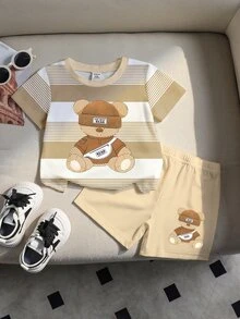 隨機 3 套買 1 套 幼兒休閒時尚配色拼接條紋泰迪熊圖案圓領短袖 T 恤與配套短褲套裝 - 彩色 - 查看 5