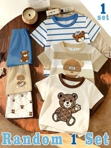 隨機 3 套買 1 套 幼兒休閒時尚配色拼接條紋泰迪熊圖案圓領短袖 T 恤與配套短褲套裝 - 彩色 - 查看 2
