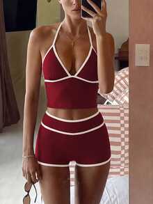 Costavie Setelan Baju Renang Dua Potong Wanita Warna Burgundy, Bikini Tankini Pinggang Tinggi dengan Tali Bahu Tipis dan Cup Segitiga Kontras untuk Pesta Pantai Musim Panas yang Elegan - Burgundy - View 7