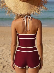 Costavie Setelan Baju Renang Dua Potong Wanita Warna Burgundy, Bikini Tankini Pinggang Tinggi dengan Tali Bahu Tipis dan Cup Segitiga Kontras untuk Pesta Pantai Musim Panas yang Elegan - Burgundy - View 2