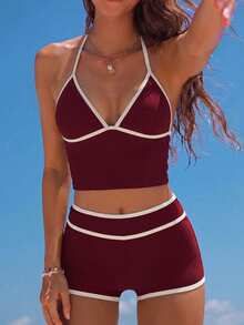Costavie Setelan Baju Renang Dua Potong Wanita Warna Burgundy, Bikini Tankini Pinggang Tinggi dengan Tali Bahu Tipis dan Cup Segitiga Kontras untuk Pesta Pantai Musim Panas yang Elegan - Burgundy - View 3