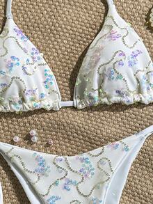 Costavie Swim Mod-D 两件套彩色亮片特殊面料三角罩杯文胸和侧系带泳裤性感比基尼套装，春夏串珠比基尼串珠泳衣花卉比基尼贝壳比基尼贝壳比基尼亮片泳衣白色比基尼亮片比基尼 - 彩色 - 查看 6
