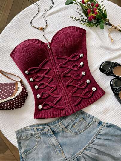 Soleia Áo kiểu Napoleon Going Out thời trang, áo blouse cơ bản Y2K casual cho nữ, áo bandeau nữ mùa thu gợi cảm phối cúc, dây đeo và khóa kéo