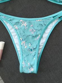 Costavie 夏季海灘女款亮片露背繫帶細肩帶上衣與三角褲比基尼套裝 - 藍色 - 查看 6
