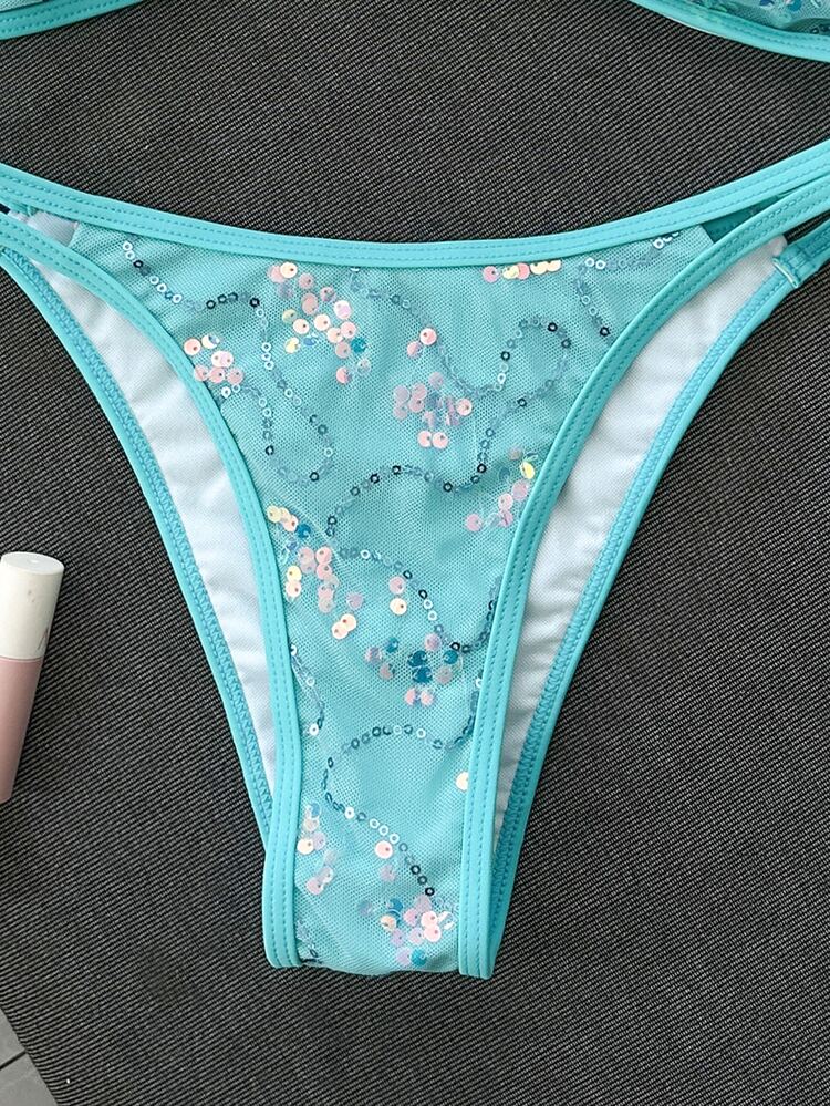 Costavie Summer Beach Women's Sequin Back Tie Spaghetti Strap Top And Triangle Bottom Bikini Set - Blue - View 6