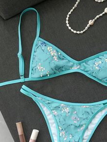 Costavie 夏季海灘女款亮片露背繫帶細肩帶上衣與三角褲比基尼套裝 - 藍色 - 查看 5