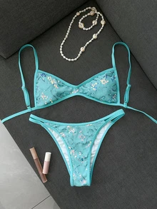Costavie 夏季海灘女款亮片露背繫帶細肩帶上衣與三角褲比基尼套裝 - 藍色 - 查看 4
