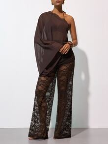 Zivah Women's One Shoulder Lace Patchwork Top And Long Pants Fashion Vacation Cover-Up Set - Brown - View 6