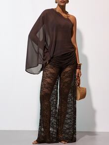 Zivah Women's One Shoulder Lace Patchwork Top And Long Pants Fashion Vacation Cover-Up Set - Brown - View 7