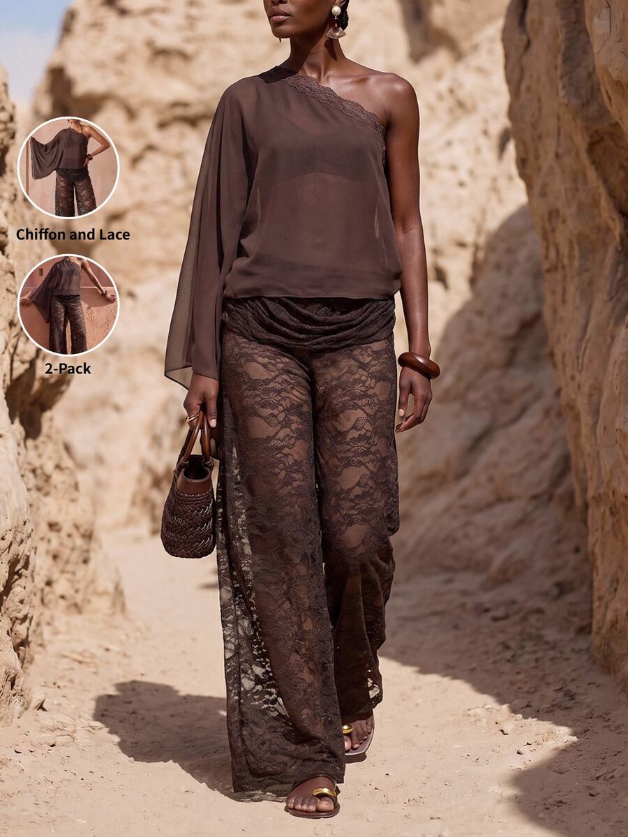 Zivah Women's One Shoulder Lace Patchwork Top And Long Pants Fashion Vacation Cover-Up Set - Brown - View 1