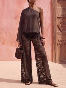 Zivah Women's One Shoulder Lace Patchwork Top And Long Pants Fashion Vacation Cover-Up Set - Brown - View 4