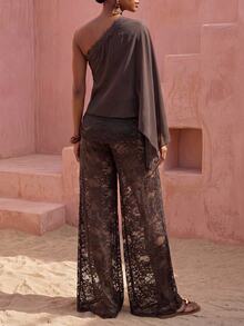 Zivah Women's One Shoulder Lace Patchwork Top And Long Pants Fashion Vacation Cover-Up Set - Brown - View 2