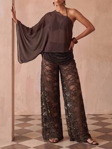 Zivah Women's One Shoulder Lace Patchwork Top And Long Pants Fashion Vacation Cover-Up Set - Brown - View 5