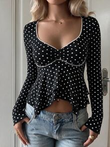 SHEIN EZwear 女款黑色波點休閒舒適V領長袖T恤，秋冬款 - 黑與白 - 查看 4