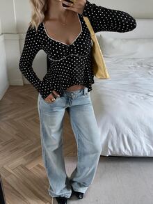 SHEIN EZwear 女款黑色波點休閒舒適V領長袖T恤，秋冬款 - 黑與白 - 查看 3