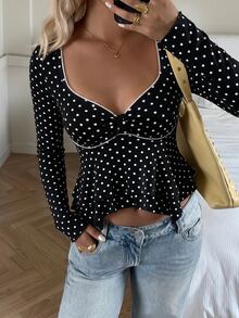 SHEIN EZwear 女款黑色波點休閒舒適V領長袖T恤，秋冬款 - 黑與白 - 查看 1
