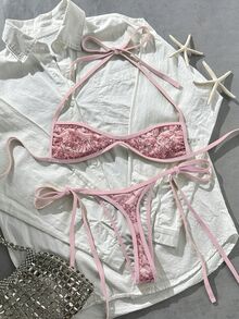 Costavie 2pcs Spring/Summer Beach Vacation Sequin Textured Fabric Halter Bandeau Top And Side Tie String Thong Bikini Set - Pink - View 9