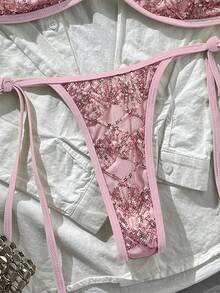 Costavie 2pcs Spring/Summer Beach Vacation Sequin Textured Fabric Halter Bandeau Top And Side Tie String Thong Bikini Set - Pink - View 7