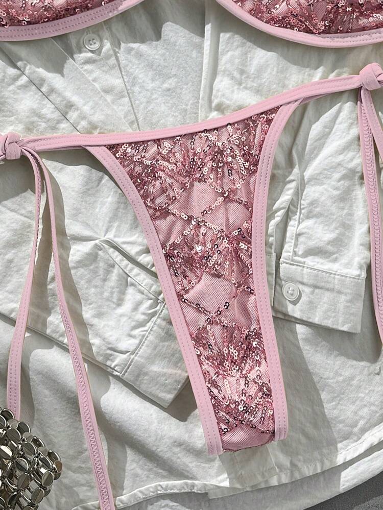 Costavie 2pcs Spring/Summer Beach Vacation Sequin Textured Fabric Halter Bandeau Top And Side Tie String Thong Bikini Set - Pink - View 7