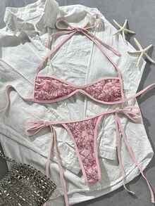 Costavie 2pcs Spring/Summer Beach Vacation Sequin Textured Fabric Halter Bandeau Top And Side Tie String Thong Bikini Set - Pink - View 6