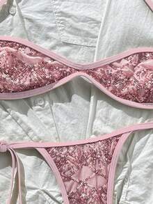 Costavie 2pcs Spring/Summer Beach Vacation Sequin Textured Fabric Halter Bandeau Top And Side Tie String Thong Bikini Set - Pink - View 8