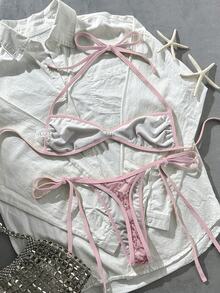 Costavie 2pcs Spring/Summer Beach Vacation Sequin Textured Fabric Halter Bandeau Top And Side Tie String Thong Bikini Set - Pink - View 2