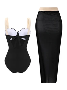 Swim Oasis 2026 Spring/Summer New Fashion Vacation Hard Cup Contrast Color Plus Size Women One-Piece Swimsuit + Skirt Premium Set Beachwear - Black - View 2
