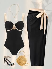 Swim Oasis 2026 Spring/Summer New Fashion Vacation Hard Cup Contrast Color Plus Size Women One-Piece Swimsuit + Skirt Premium Set Beachwear - Black - View 1
