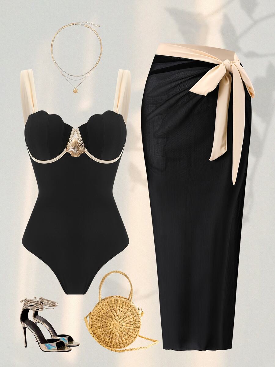 Swim Oasis 2026 Spring/Summer New Fashion Vacation Hard Cup Contrast Color Plus Size Women One-Piece Swimsuit + Skirt Premium Set Beachwear - Black - View 1
