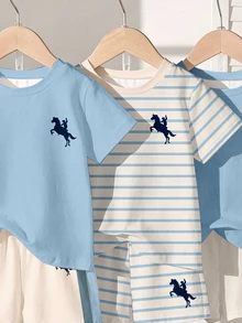 SHEIN 1 Set Acak, Warna Biru Muda Kontras, Set Kaos dan Celana Pendek Kasual Klasik Motif Ksatria untuk Bayi dan Balita. - MultiWarna - View 4