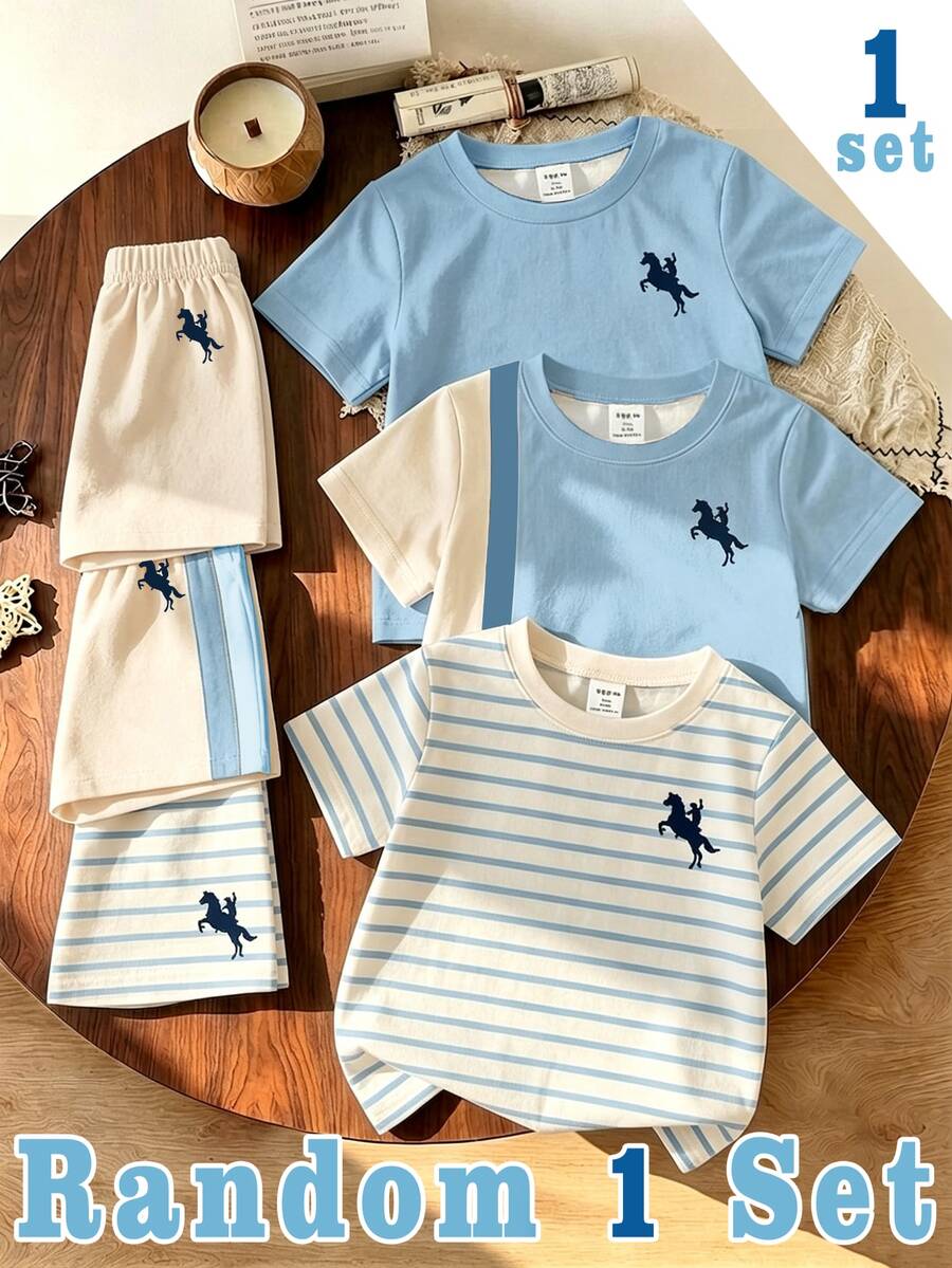 SHEIN 1 Set Acak, Warna Biru Muda Kontras, Set Kaos dan Celana Pendek Kasual Klasik Motif Ksatria untuk Bayi dan Balita. - MultiWarna - View 1