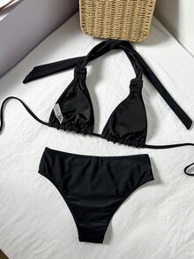 Costavie 女士优雅休闲度假挂脖比基尼套装，手工绳编岛屿泳池派对泳装，带衬垫泳衣，女士泳装套装，女士沙滩比基尼套装，女士腹部 - 黑色 - 查看 3