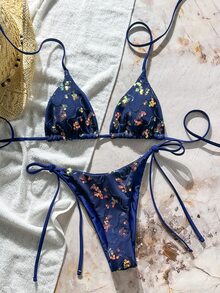 Costavie 两件套彩色亮片特殊面料三角杯文胸和侧系带泳裤性感比基尼套装，春夏款 - 藏蓝色 - 查看 7