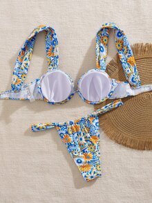 Swim Vcay Women 2pcs/Set Blue Floral Bikini Sets, Halter Strap Drawstring Supportive Wireless Outfits,Boho Summer Beach Vacation Holiday Spring Break - Multicolor - View 5